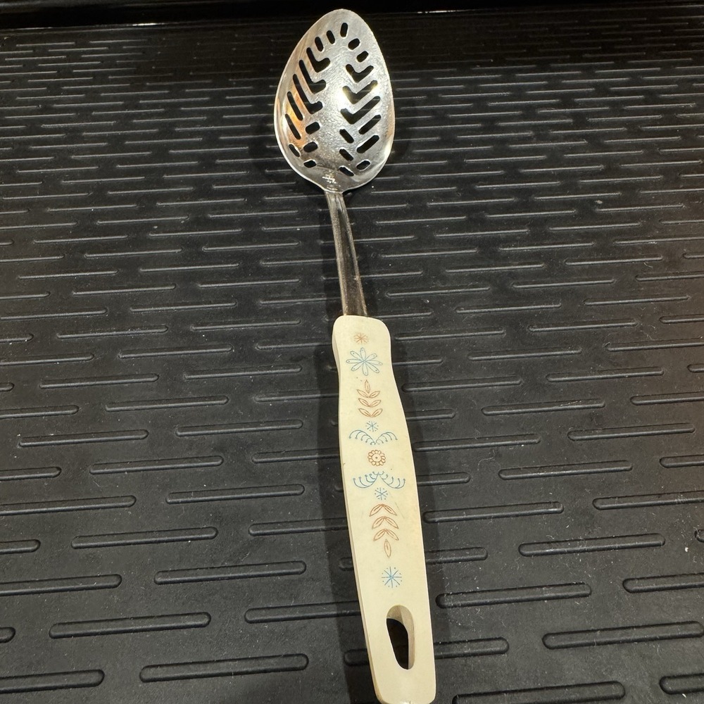 Vintage EKCO Slotted Serving Spoon Stainless Steel Pink & Blue Floral